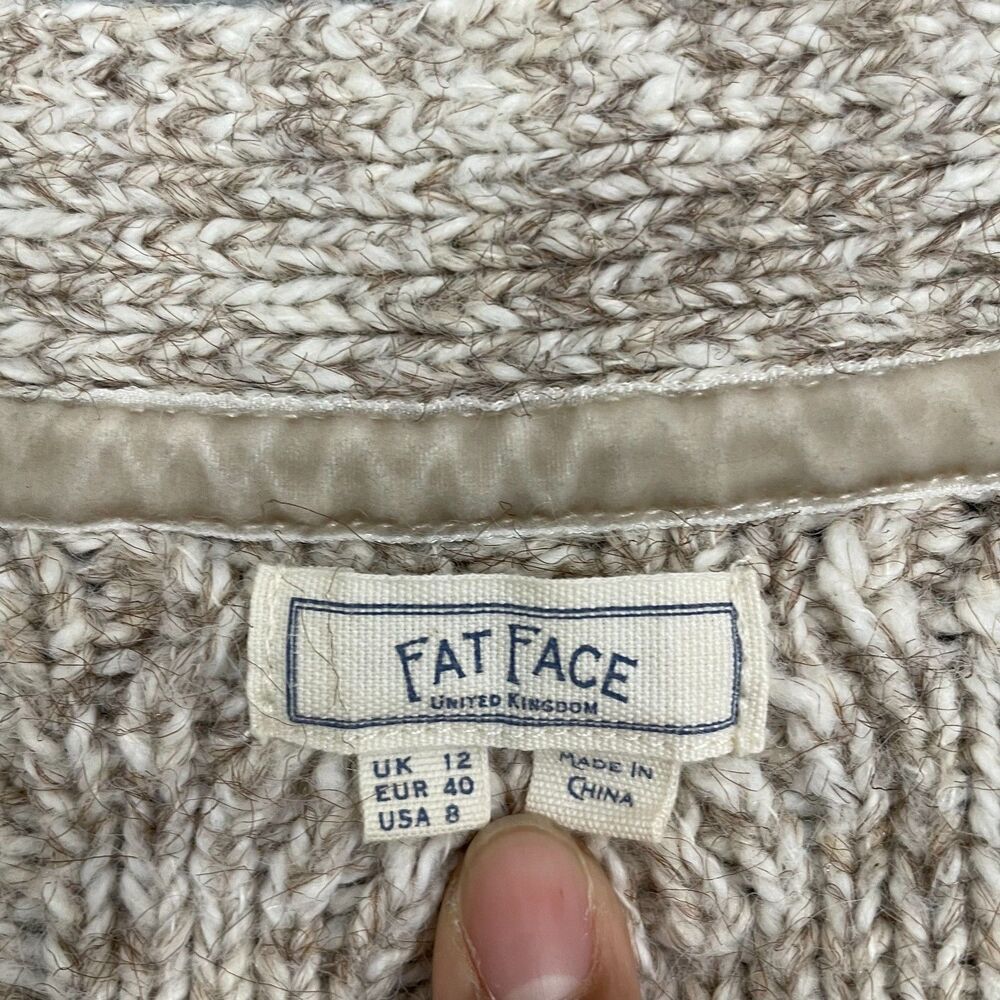 Fat Face Cable Knit Cardigan Women 12 Oatmeal Wool Blend V-Neck Button Sweater - Picture 4 of 10